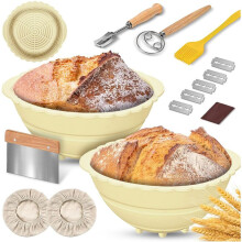 2er-Pack Banneton-Brotgärkorb, Silikon-Sauerteigbrot-Backkorb, 9-Zoll-Gärschüsselzubehör-Set, Werkzeug, A