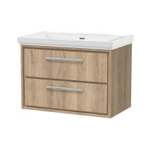 Longnor 2 Drawer Wall Hung Vanity Unit with 0 Tap Hole Traditional Fireclay Basin, Light Oak, 800mm