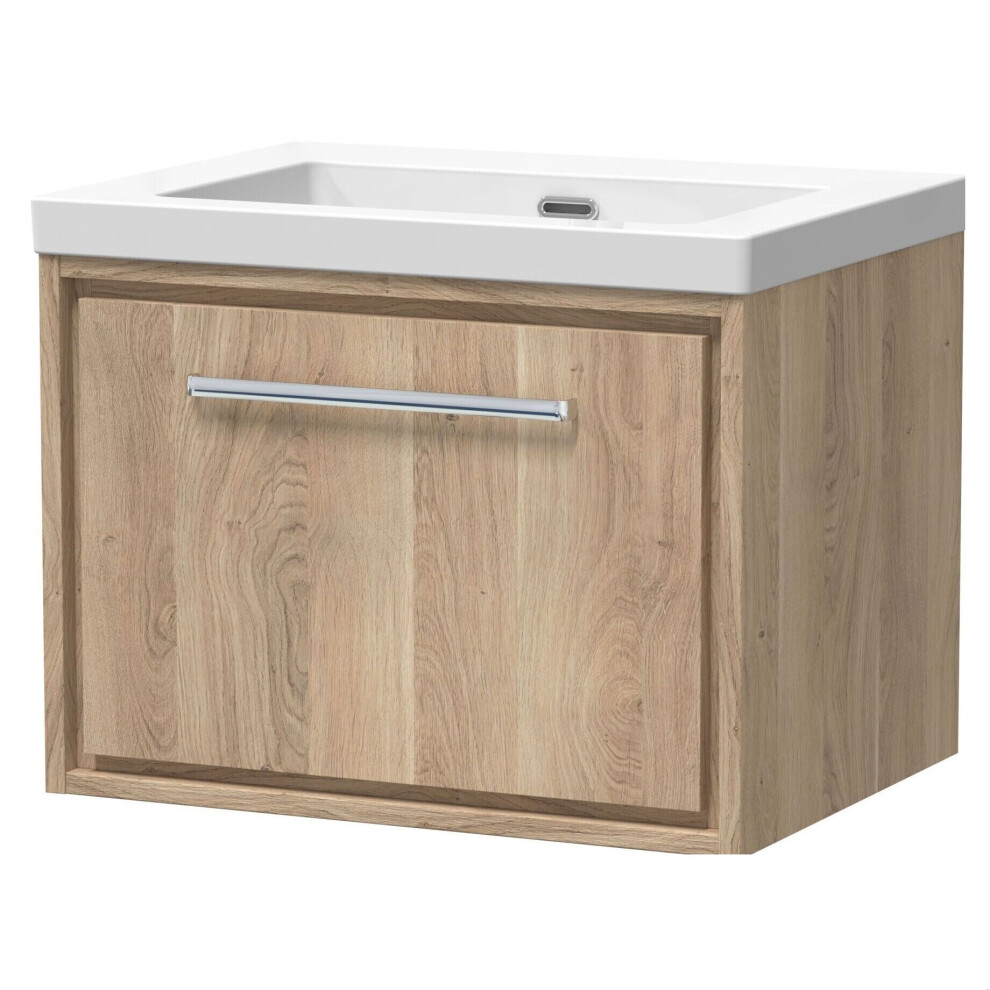 Balterley Longnor 1 Drawer Wall Hung Vanity Unit With 1 Tap Hole Modern Fireclay Basin, Light Oak, 600Mm Brown