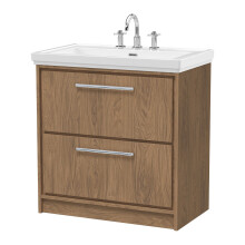 Longnor 2 Drawer Floor Standing Vanity Unit with 3 Tap Hole Traditional Fireclay Basin, Antique Oak, 800mm