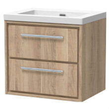 Longnor 2 Drawer Wall Hung Vanity Unit with 1 Tap Hole Modern Fireclay Basin, Light Oak, 600mm