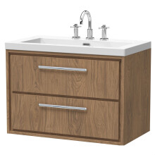 Longnor 2 Drawer Wall Hung Vanity Unit with 3 Tap Hole Modern Fireclay Basin, Antique Oak, 800mm