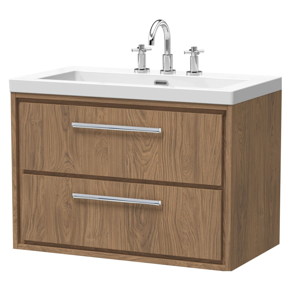 Balterley Longnor 2 Drawer Wall Hung Vanity Unit With 3 Tap Hole Modern Fireclay Basin, Antique Oak, 800Mm Brown