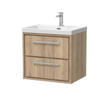 Longnor 2 Drawer Wall Hung Vanity Unit with 1 Tap Hole Thin Edge Basin, Light Oak, 600mm