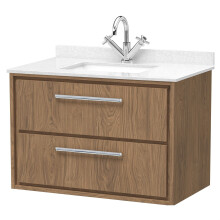 Longnor 2 Drawer Wall Hung Vanity Unit with Square Basin and Marble Worktop, Antique Oak, 800mm