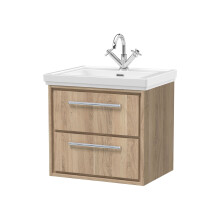 Longnor 2 Drawer Wall Hung Vanity Unit with 1 Tap Hole Traditional Fireclay Basin, Light Oak, 600mm