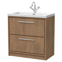 Longnor 2 Drawer Floor Standing Vanity Unit with 1 Tap Hole Modern Fireclay Basin, Antique Oak, 800mm