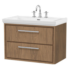 Longnor 2 Drawer Wall Hung Vanity Unit with 3 Tap Hole Traditional Fireclay Basin, Antique Oak, 800mm
