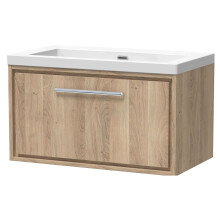 Longnor 1 Drawer Wall Hung Vanity Unit with 1 Tap Hole Modern Fireclay Basin, Light Oak, 800mm