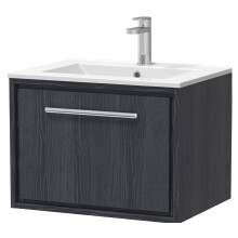Longnor 1 Drawer Wall Hung Vanity Unit with 1 Tap Hole Minimalist Basin, Woodgrain Graphite Grey, 600mm