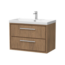 Longnor 2 Drawer Wall Hung Vanity Unit with 1 Tap Hole Thin Edge Basin, Antique Oak, 800mm