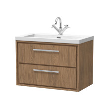 Longnor 2 Drawer Wall Hung Vanity Unit with 1 Tap Hole Modern Fireclay Basin, Antique Oak, 800mm