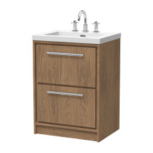 Longnor 2 Drawer Floor Standing Vanity Unit with 3 Tap Hole Modern Fireclay Basin, Antique Oak, 600mm