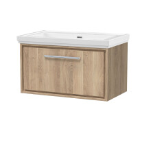 Longnor 1 Drawer Wall Hung Vanity Unit with 0 Tap Hole Traditional Fireclay Basin, Light Oak, 800mm