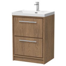 Longnor 2 Drawer Floor Standing Vanity Unit with 1 Tap Hole Thin Edge Basin, Antique Oak, 600mm