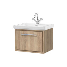 Longnor 1 Drawer Wall Hung Vanity Unit with 1 Tap Hole Traditional Fireclay Basin, Light Oak, 600mm