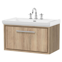 Longnor 1 Drawer Wall Hung Vanity Unit with 3 Tap Hole Traditional Fireclay Basin, Light Oak, 800mm
