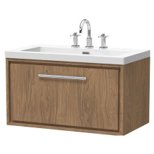 Longnor 1 Drawer Wall Hung Vanity Unit with 3 Tap Hole Modern Fireclay Basin, Antique Oak, 800mm