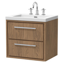 Longnor 2 Drawer Wall Hung Vanity Unit with 3 Tap Hole Modern Fireclay Basin, Antique Oak, 600mm