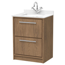 Longnor 2 Drawer Floor Standing Vanity Unit with Square Basin and Marble Worktop, Antique Oak, 600mm
