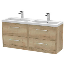 Winshill Contemporary 4 Drawer Wall Hung Vanity Unit with Double Basin, Light Oak, 1200mm