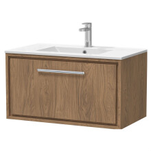Longnor 1 Drawer Wall Hung Vanity Unit with 1 Tap Hole Minimalist Basin, Antique Oak, 800mm