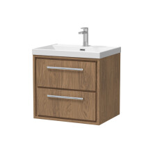 Longnor 2 Drawer Wall Hung Vanity Unit with 1 Tap Hole Thin Edge Basin, Antique Oak, 600mm