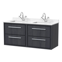 Longnor 4 Drawer Wall Hung Vanity Unit with Square Basin and Marble Worktop, Woodgrain Graphite Grey, 1200mm