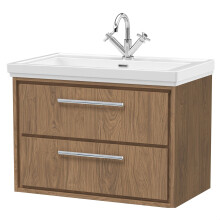 Longnor 2 Drawer Wall Hung Vanity Unit with 1 Tap Hole Traditional Fireclay Basin, Antique Oak, 800mm