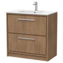 Longnor 2 Drawer Floor Standing Vanity Unit with 1 Tap Hole Minimalist Basin, Antique Oak, 800mm