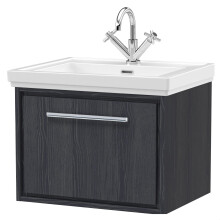 Longnor 1 Drawer Wall Hung Vanity Unit with 1 Tap Hole Traditional Fireclay Basin, Woodgrain Graphite Grey, 600mm