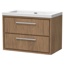 Longnor 2 Drawer Wall Hung Vanity Unit with 1 Tap Hole Modern Fireclay Basin, Antique Oak, 800mm