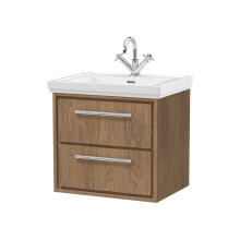 Longnor 2 Drawer Wall Hung Vanity Unit with 1 Tap Hole Traditional Fireclay Basin, Antique Oak, 600mm