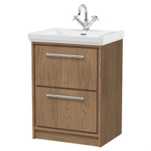 Longnor 2 Drawer Floor Standing Vanity Unit with 1 Tap Hole Traditional Fireclay Basin, Antique Oak, 600mm