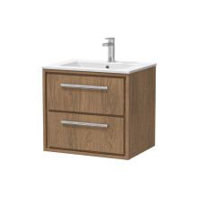 Longnor 2 Drawer Wall Hung Vanity Unit with 1 Tap Hole Minimalist Basin, Antique Oak, 600mm