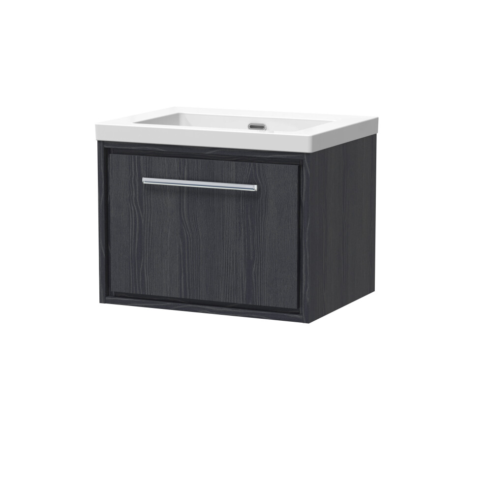 Balterley Longnor 1 Drawer Wall Hung Vanity Unit With 1 Tap Hole Modern Fireclay Basin, Woodgrain Graphite 600Mm Grey