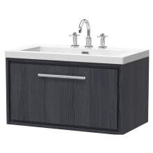 Longnor 1 Drawer Wall Hung Vanity Unit with 3 Tap Hole Modern Fireclay Basin, Woodgrain Graphite Grey, 800mm