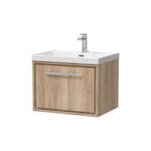 Longnor 1 Drawer Wall Hung Vanity Unit with 1 Tap Hole Thin Edge Basin, Light Oak, 600mm