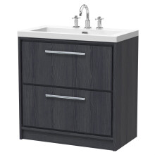 Longnor 2 Drawer Floor Standing Vanity Unit with 3 Tap Hole Modern Fireclay Basin, Woodgrain Graphite Grey, 800mm