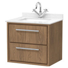 Longnor 2 Drawer Wall Hung Vanity Unit with Square Basin and Marble Worktop, Antique Oak, 600mm