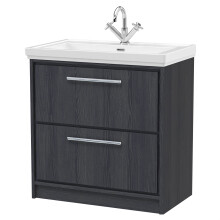 Longnor 2 Drawer Floor Standing Vanity Unit with 1 Tap Hole Traditional Fireclay Basin, Woodgrain Graphite Grey, 800mm