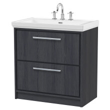Longnor 2 Drawer Floor Standing Vanity Unit with 3 Tap Hole Traditional Fireclay Basin, Woodgrain Graphite Grey, 800mm