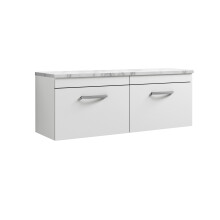 Millwich Contemporary 2 Drawer Wall Hung Vanity Unit with Laminate Carrara Marble Worktop, Gloss White, 1200mm