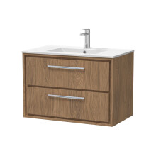 Longnor 2 Drawer Wall Hung Vanity Unit with 1 Tap Hole Minimalist Basin, Antique Oak, 800mm