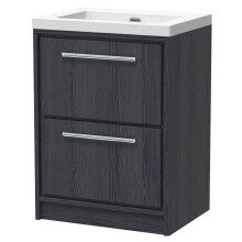 Longnor 2 Drawer Floor Standing Vanity Unit with 1 Tap Hole Modern Fireclay Basin, Woodgrain Graphite Grey, 600mm
