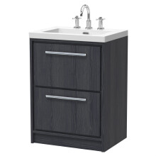 Longnor 2 Drawer Floor Standing Vanity Unit with 3 Tap Hole Modern Fireclay Basin, Woodgrain Graphite Grey, 600mm