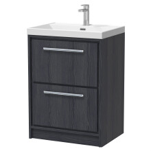 Longnor 2 Drawer Floor Standing Vanity Unit with 1 Tap Hole Thin Edge Basin, Woodgrain Graphite Grey, 600mm