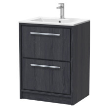 Longnor 2 Drawer Floor Standing Vanity Unit with 1 Tap Hole Minimalist Basin, Woodgrain Graphite Grey, 600mm
