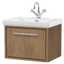 Longnor 1 Drawer Wall Hung Vanity Unit with 1 Tap Hole Traditional Fireclay Basin, Antique Oak, 600mm