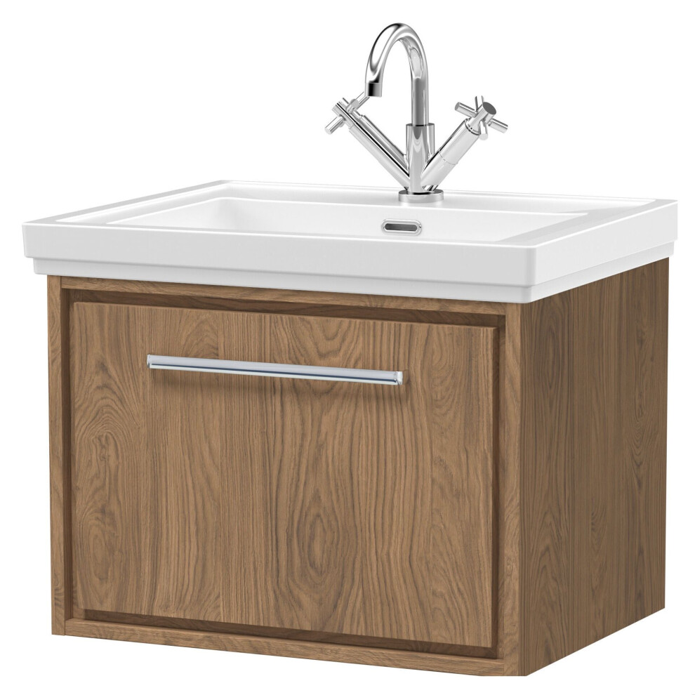 Balterley Longnor 1 Drawer Wall Hung Vanity Unit With 1 Tap Hole Traditional Fireclay Basin, Antique Oak, 600Mm Brown